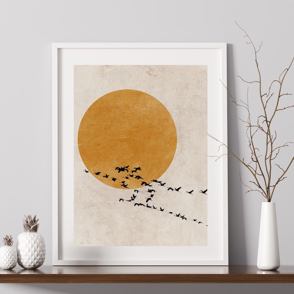 Bird Flock Sun Silhouette Print, Fine Art Print, Scandinavian Minimalist Wall Art, Burnt Orange Decor, Beige Abstract Art, Nordic Wall Decor