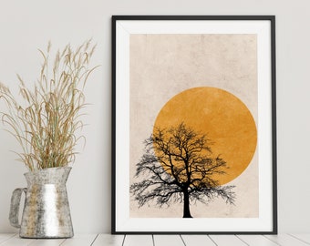 Baum Silhouette Sonne Druck, Natur Kunstdruck, Nordische Minimalistische Wandkunst, Moderne abstrakte Kunst, Baum und Sonne Druck, Orange gebrannte Wandkunst