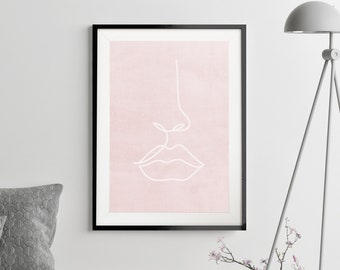 Blush Pink Feminine Line Drawing, Face One Line Art, Girls Bedroom Wall Decor, Boho Minimalist Wall Art, Pink Lips Line Print, Gift for Her