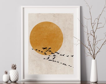 Vogel Flock Sonne Silhouette Print, Fine Art Print, Skandinavische Minimalistische Wandkunst, Burnt Orange Dekor, Beige Abstrakte Kunst, Nordische Wanddekoration