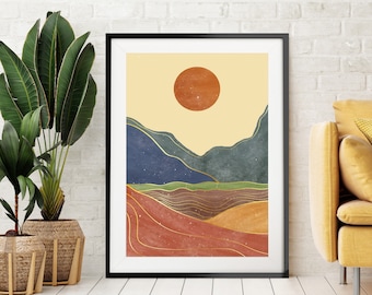 Boho Mountain Art Print, Mid Century Sunset Hills Wall Art, Nordic Mountain Art, Modern Minimalist Art, Home Office Print, Living Room Decor