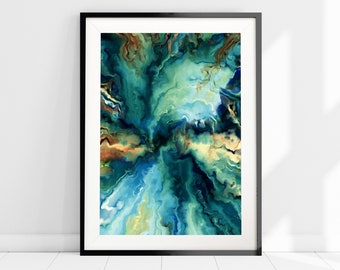 Abstract Blue Turquoise Painting Print, Fluid Acrylic Art with Green and Gold Accents, Contemporary Wall Decor in Light Blue and Green Tones