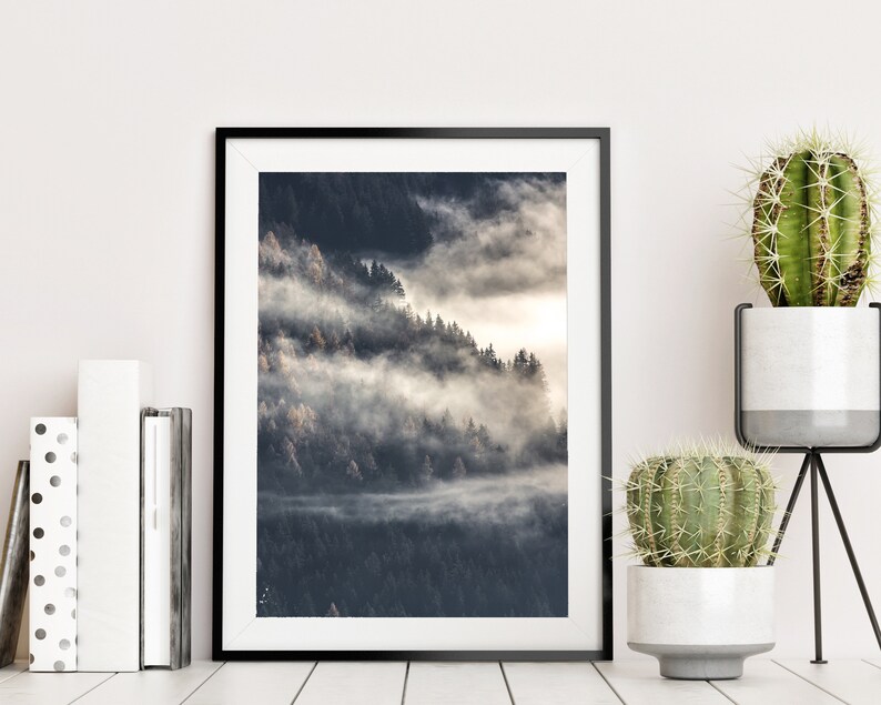May include: A black framed photograph of a forest scene with fog rolling through the trees. The fog is white and the trees are dark green. The photograph is hanging on a white wall.