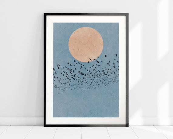 Moon Silhouette Birds Print, Minimalist Nature Art Print, Nordic Wall Art, Flock of Birds Print, Blue Art Print, Abstract Scandi Home Decor