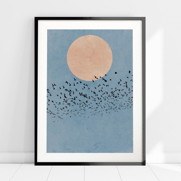 Moon Silhouette Birds Print, Minimalist Nature Art Print, Nordic Wall Art, Flock of Birds Print, Blue Art Print, Abstract Scandi Home Decor
