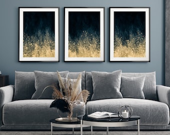 Abstract Dark Blue and Gold Print Set of 3, Navy Blue and Gold Splash Painting, Minimalist Wall Art, Living Room Art, Blue Wall Decor