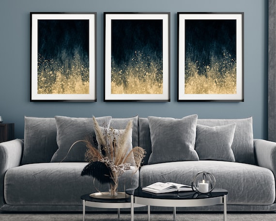 Blue grey and 2024 gold living room