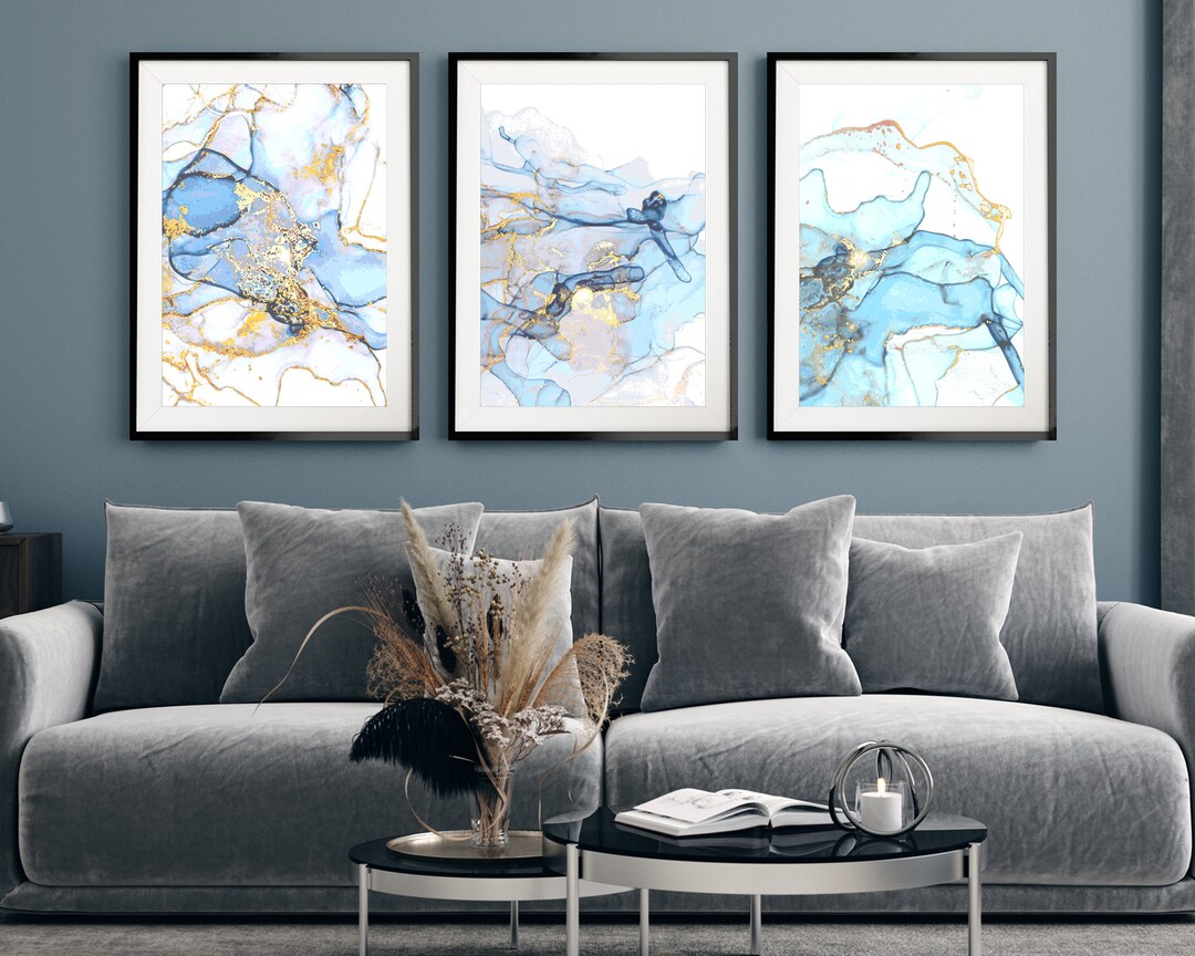 Light Blue and Gold Marble Abstract Print Set of 3, Fluid Blue Wall ...
