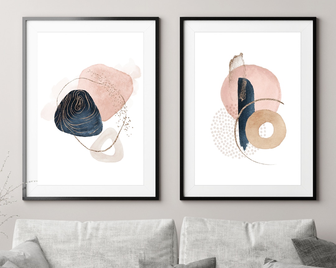 Blush Pink and Navy Print Set, Minimalist Abstract Wall Art Set, Pink ...