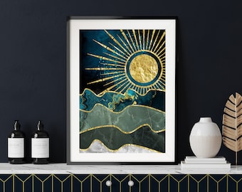 Gold Sun and Blue Waves Print, 3D Effect Wall Art, Dark Blue and Gold Wall Decor, Night Landscape Surreal Abstract Art, Green Marble Art
