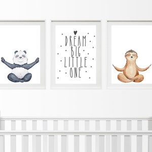 Jungle Animal Nursery Print Set de 3, Lindo Animal Nursery Wall Art Set, Panda and Sloth Wall Art Set, Baby Animal Print Set de 3, Dream Big
