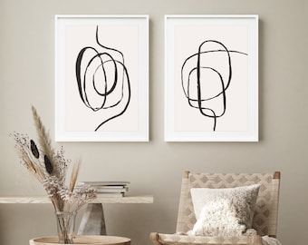 Minimalistisches Abstraktes Linien Druck Set von 2, Beige Nordisches Wandkunst Set, Minimalistisches Kunstset, skandinavische Kunst, Monochrome Kunst, gemalte Linien