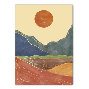 May include: Abstract art print featuring a stylized landscape with a large orange sun, blue and green mountains, and red, orange, and brown hills with gold lines.