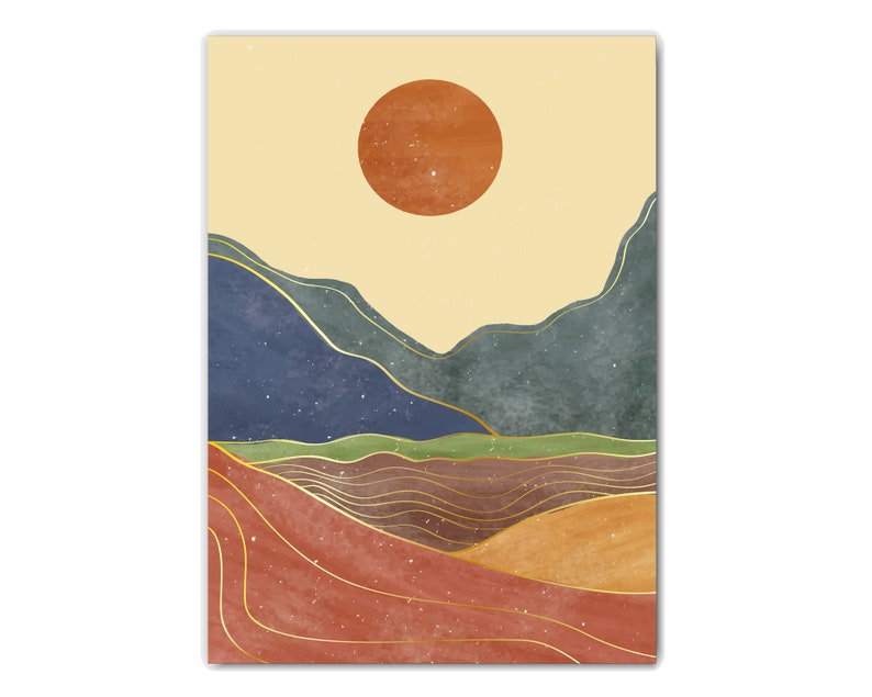May include: Abstract art print featuring a stylized landscape with a large orange sun, blue and green mountains, and red, orange, and brown hills with gold lines.