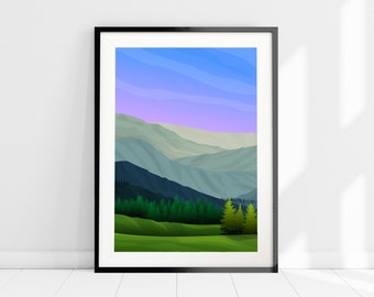 Mountain Forest Art Print, Mid Century Mountain Art, Minimalist Mountain Illustration Art Print, Alpine Art Print, Scandi Style Home Decor