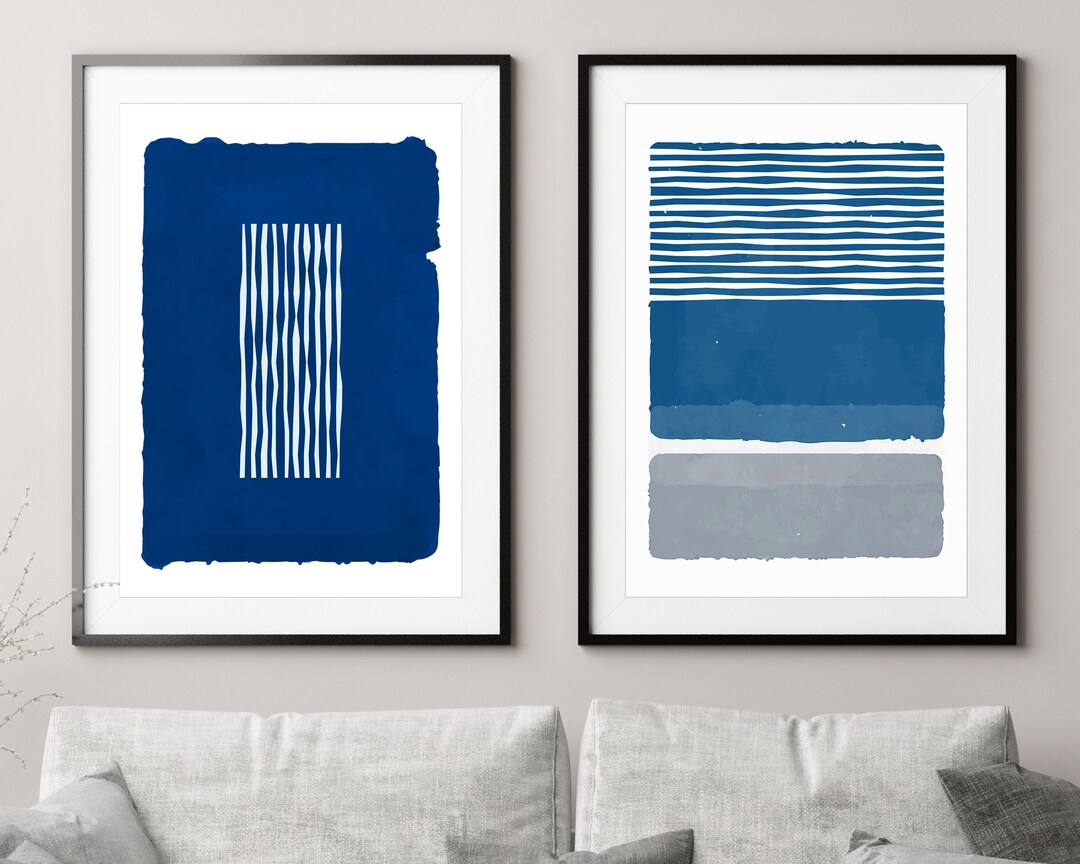 Blue and Grey Abstract Art Set of 2 Prints, Blue Wall Art Print Set of