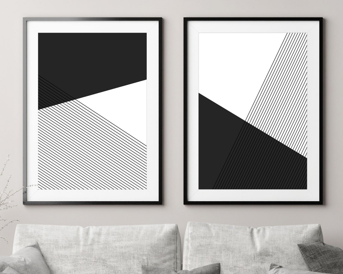 Minimalist Geometric Set of 2 Art Prints, Black and White Wall Art ...