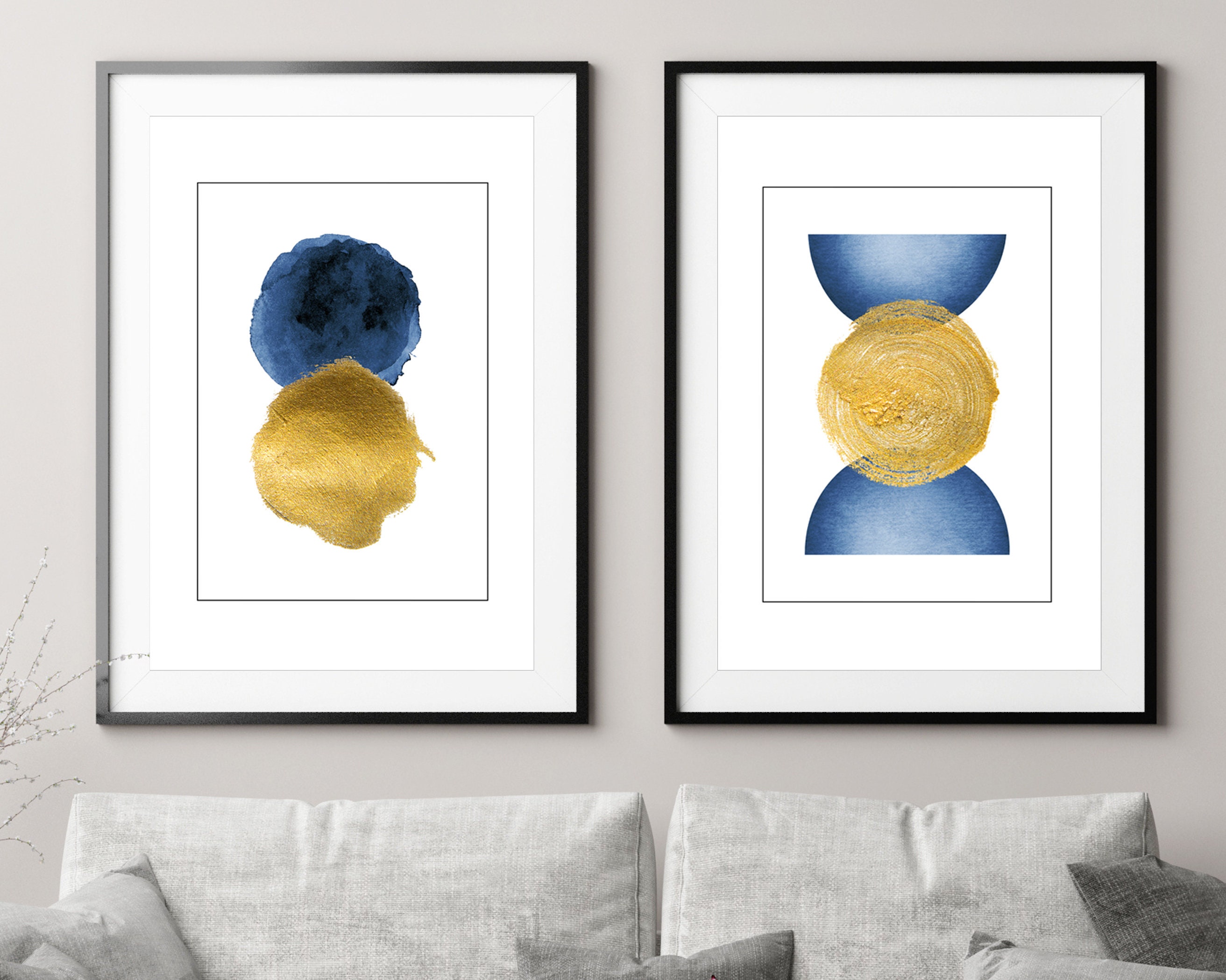 Blue Abstract Wall Art Modern Digital Print Set of 2 Wall Hangings Wall