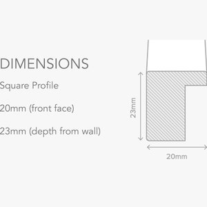 May include: Diagram showing the dimensions of a square picture frame profile. The frame is 20mm wide and 23mm deep.