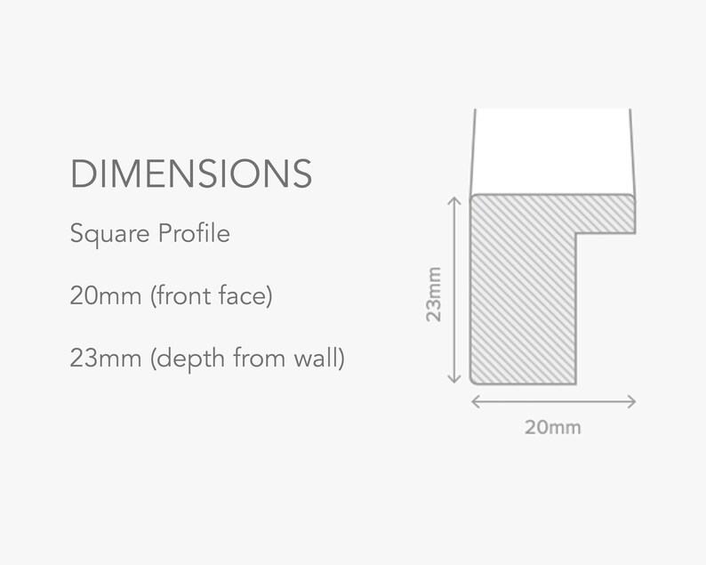 May include: Diagram showing the dimensions of a square picture frame profile. The frame is 20mm wide and 23mm deep.