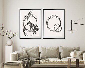 Minimalistisches Abstraktes Kreise Druck Set von 2, Beige Nordisches Wandkunst Set, Minimalistisches Kunstset, skandinavische Kunst, Monochrome Kunst, gemalte Linien