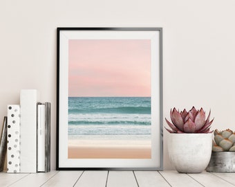 Blush Pink Beach Sunset Art Print, Coastal Wall Art, Sea Photography, Beach Home Decor, Bathroom Wall Art, Minimalist Art Print, Ocean Print