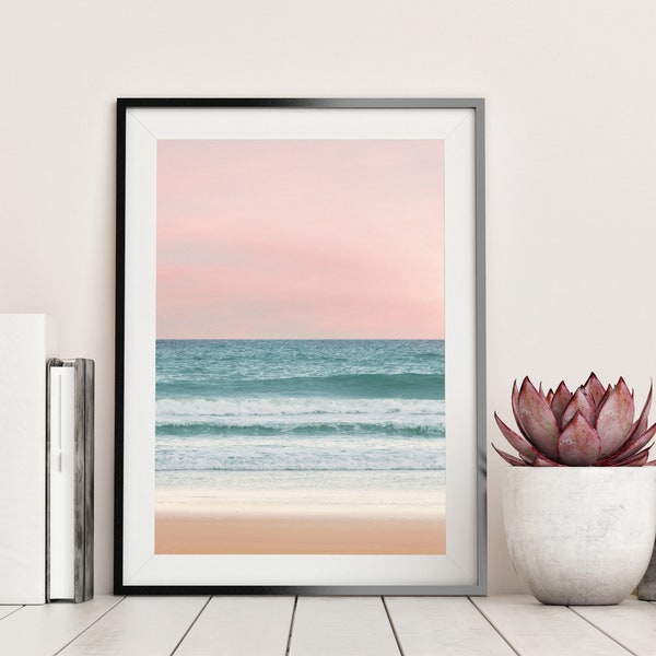 Blush Pink Beach Sunset Art Print, Coastal Wall Art, Sea Photography, Beach Home Decor, Bathroom Wall Art, Minimalist Art Print, Ocean Print