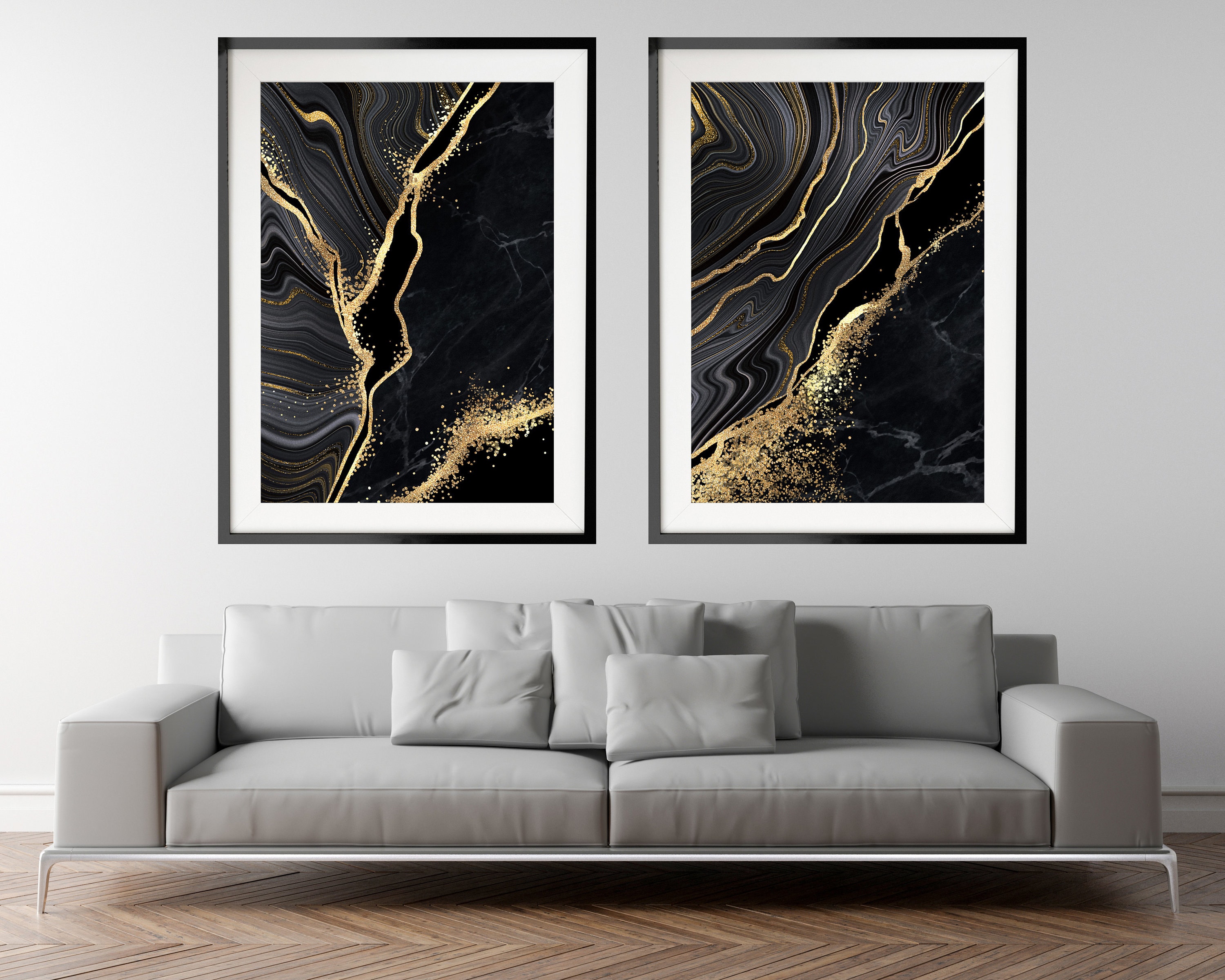 Black and Gold Abstract Art Print Set, Marble Wall Art Print Set of 2 ...