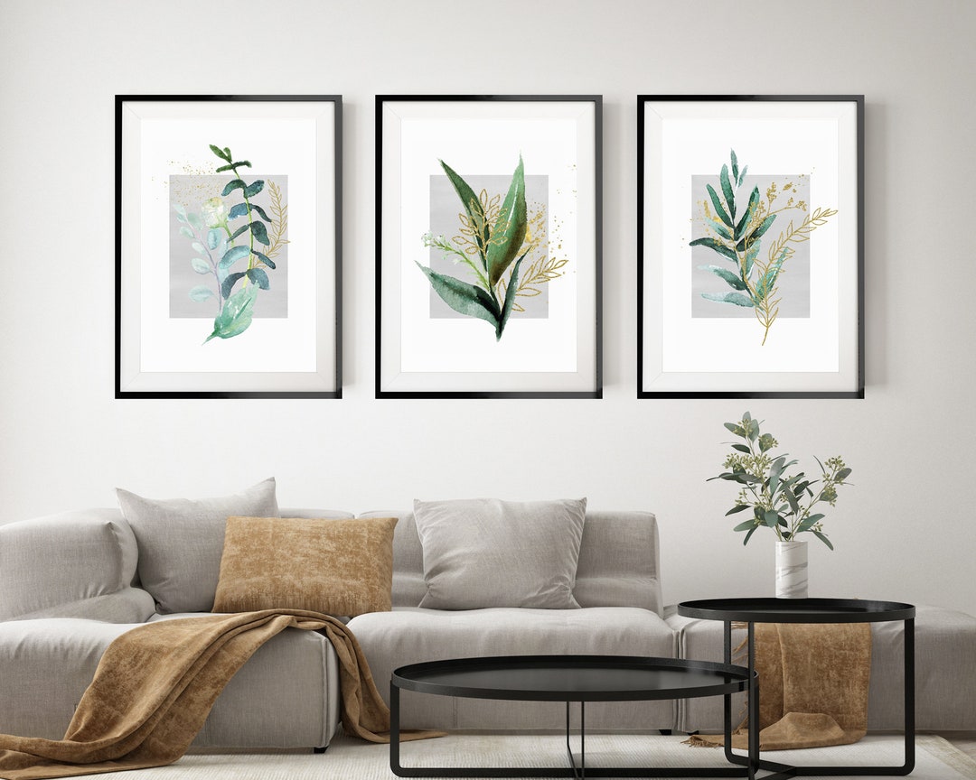 Set of 3 Leaf Prints, Green and Gold Botanical Print Set of 3 ...