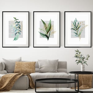 Set of 3 Leaf Prints, Green and Gold Botanical Print Set of 3, Watercolour Leaf Wall Art, Grey Green Print Set, Minimalist Boho Wall Decor