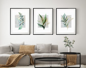 Set of 3 Leaf Prints, Green and Gold Botanical Print Set of 3, Watercolour Leaf Wall Art, Grey Green Print Set, Minimalist Boho Wall Decor