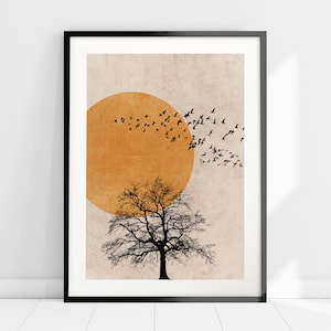 Abstract Nature Wall Art, Tree Birds Sun Silhouette Print, Orange Sunset Wall Art, Nordic Art, Boho Minimalist Art, Nature Birds Art Print