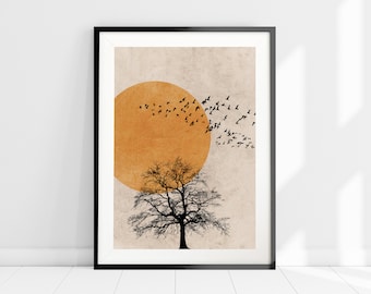 Abstract Nature Wall Art, Tree Birds Sun Silhouette Print, Orange Sunset Wall Art, Nordic Art, Boho Minimalist Art, Nature Birds Art Print