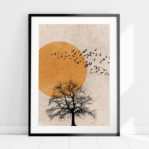 Abstract Nature Wall Art, Tree Birds Sun Silhouette Print, Orange Sunset Wall Art, Nordic Art, Boho Minimalist Art, Nature Birds Art Print