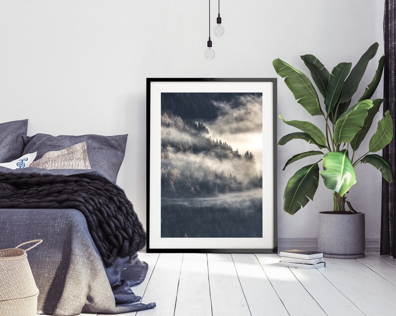 May include: A black framed photograph of a misty forest scene with a light shining through the trees. The photograph is hanging on a white wall in a bedroom setting with a bed and a plant in the corner.