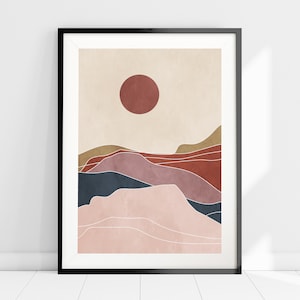 Pink Sun and Hills Art Print, Nordic Abstract Sunset Mountains Wall Art, Boho Sun Minimalist Art, Home Office Art, Living Room Home Decor