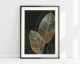 Green and Gold Leaf Art Print, Botanical Print, Emerald Green Wall Decor, Modern Abstract Art, Dark Green Art Prints, Gold Leaves Line Art