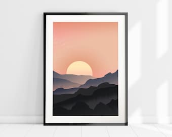 Mountain Sunset Art Print, Scandinavian Wall Art, Nordic Mountain Art, Minimalist Landscape Art Print, Mid-Century Modern Art, Scandi Decor