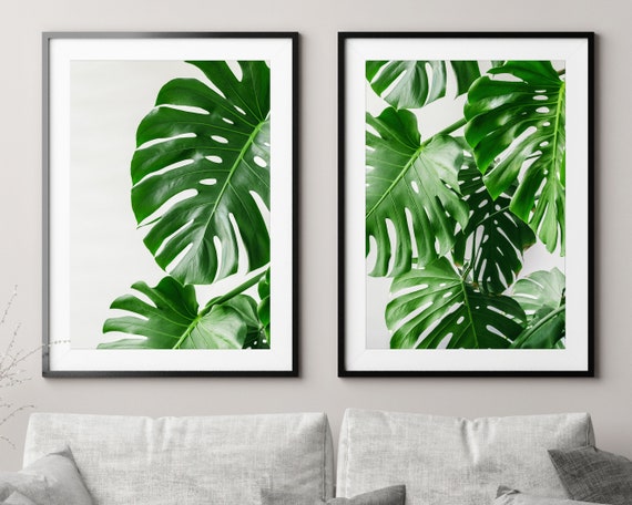 Swiss Cheese Plant Leaf Print Set of 2, Green Leaf Wall Art Set, Palm Print Set, Monstera Prints, Tropical Art Prints, Botanical Wall Art