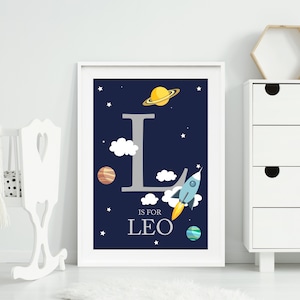 Impresión de guardería temática espacial personalizada, arte de pared de nombre de guardería, arte de guardería espacial, impresión de nombre de niños, decoración de pared de guardería de estrellas y planetas