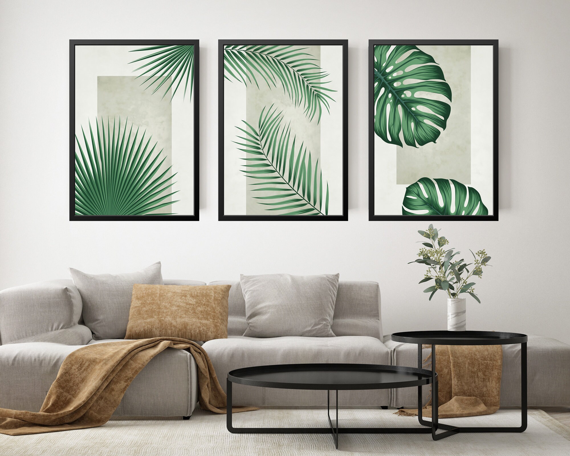 Tropical Leaves Print Set of 3, Green and Beige Wall Art, Abstract ...