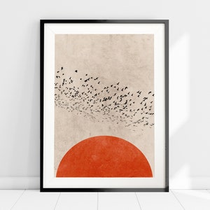 Red Sunset Birds Silhouette Art Print, Flying Birds Print, Arte de pared escandinavo moderno, Póster de arte abstracto minimalista, Decoración de la sala de estar