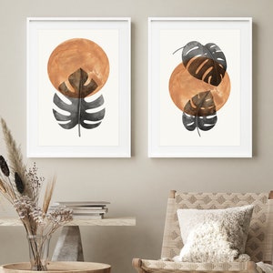Abstract Monstera Print Set of 2, Burnt Orange and Black Wall Art, Minimalist Art Prints, Leaf and Sun Print, Swiss Cheese Plant Leaves Art