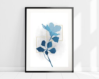 Blue Flower Wall Art, Botanical Print, Lily Print, Blue and Grey Wall Art, Plant Print, Abstract Art, Floral Art Print, Living Room Decor
