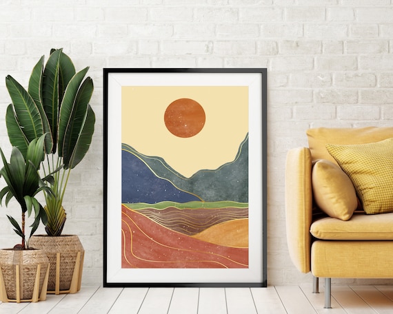 Boho Mountain Art Print, Mid Century Sunset Hills Wall Art, Nordic Mountain Art, Modern Minimalist Art, Home Office Print, Living Room Decor