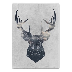 May include: Geometric deer head silhouette with a cloudy forest scene inside. The image is on a gray textured background.