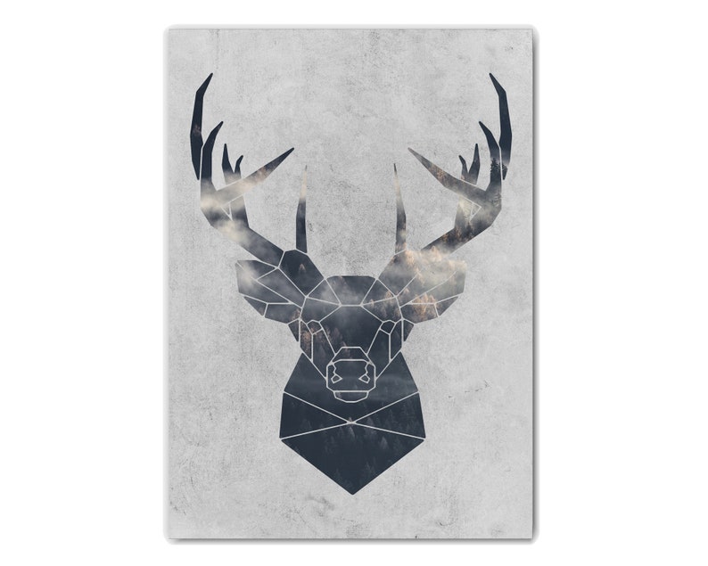 May include: Geometric deer head silhouette with a cloudy forest scene inside. The image is on a gray textured background.
