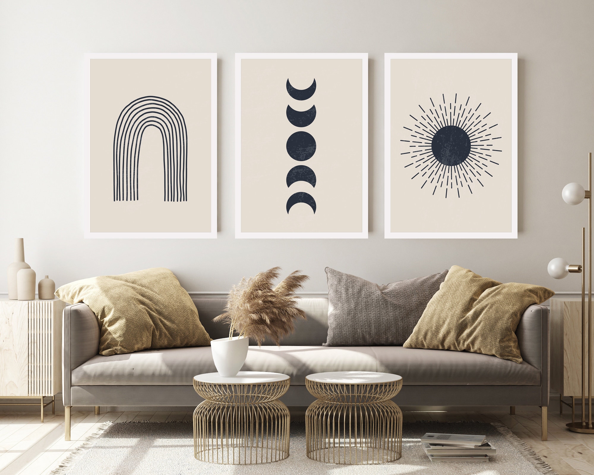 Neutral Boho Print Set of 3, Moon Phase and Sun Prints, Celestial Art ...