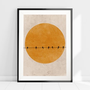 Birds Silhouette Stampa d'arte minimalista, Arte murale moderna, Arte arancione, Poster beige, Decorazione murale in stile scandinavo, Sunset Abstract Wall Art
