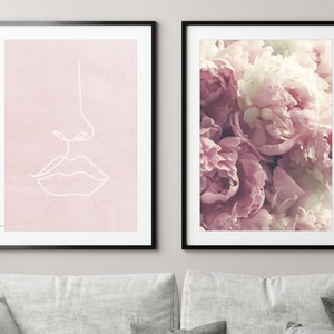 Blush Pink Print Set of 2, Girls Bedroom Wall Art, Pink Flowers Print, Line Art, Girly Poster Prints, Minimalist Wall Decor, Pink Home Decor